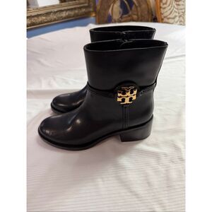 Tory Burch Black Ankle Boots with Gold Logo